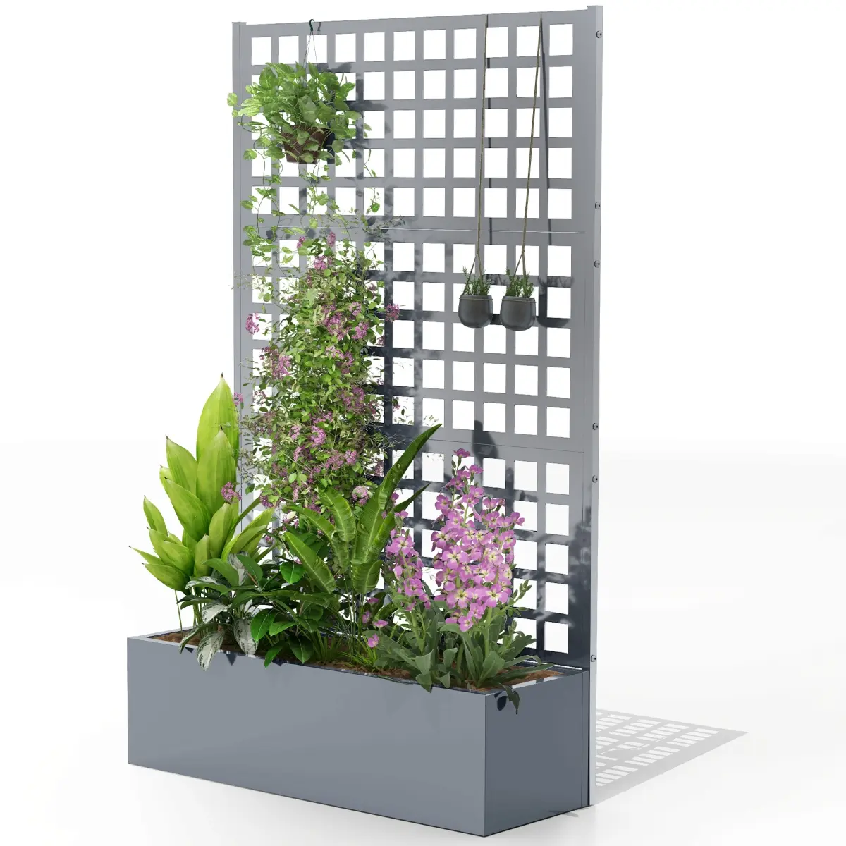 212 MAIN Outdoor Raised Galvanized Steel Planter Box with Trellis, Weather-Resistant Gray Rectangular 26 Gal (43x16x70 in) Planter, Drainage Holes, Privacy Screen for Climbing Plants, Outdoor Decor