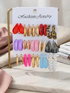 30pcs Vintage Color Block Circle Earrings Set, Earring Stacks, Multi-Color Resin Pearl, Elegant Commuter Trendy Dainty Fashion Jewelry Gift Box, All Seasons