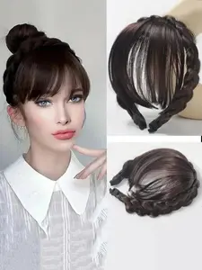 1 Piece Fringe Hairpiece Front Hair Bangs, Synthetic Hairpieces, Hair Extensions Synthetic Fake Pony Hair, Neat Fringe Bangs with Double Row Braids Hair Hoop for Women Girls