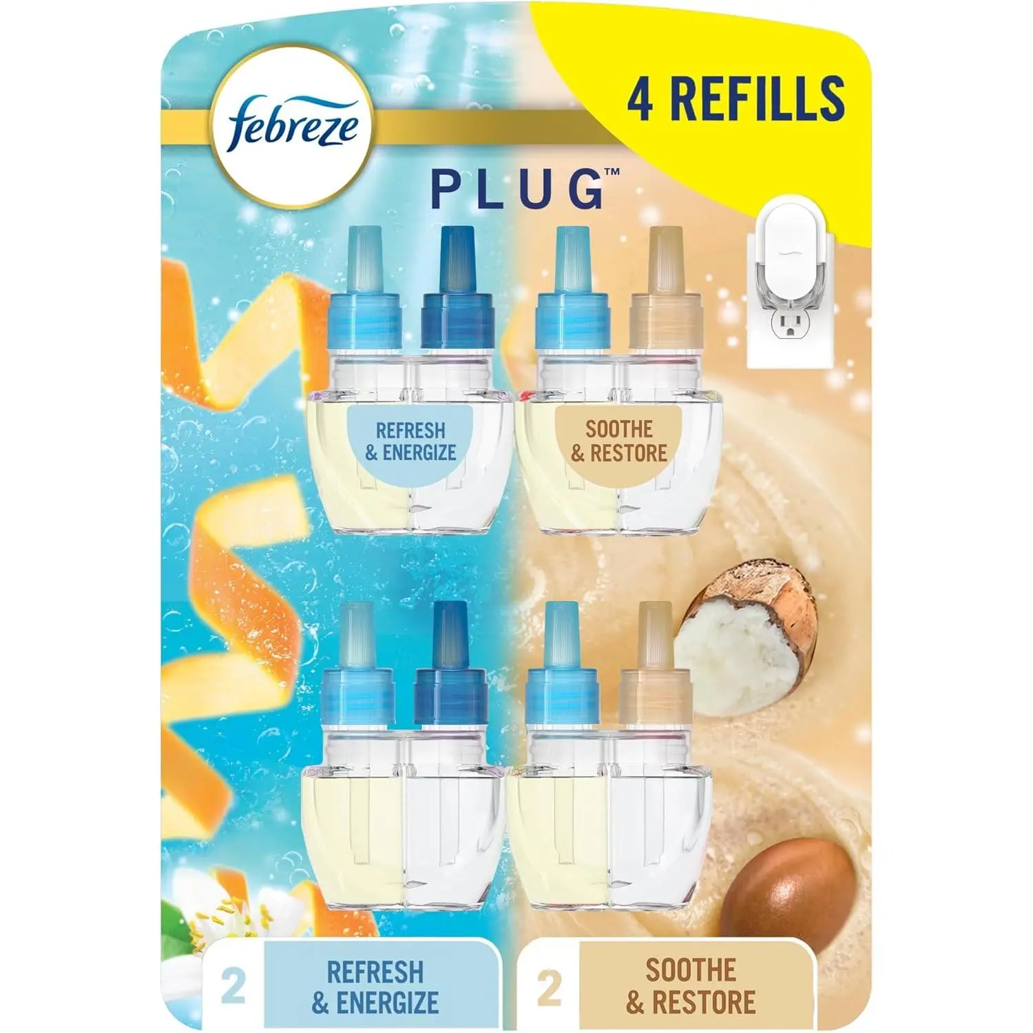 Odor-Fighting Fade Defy PLUG Air Freshener, Refresh and Energize, Soothe and Restore, Pack of 4 (2 of Each), .79 fl. oz. Oil Refill