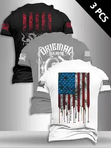 3-Piece Men's Flag Series Short Sleeve Casual T-Shirts, Summer Fashion Outdoor Travel Set, Comfortable & Stylish Design