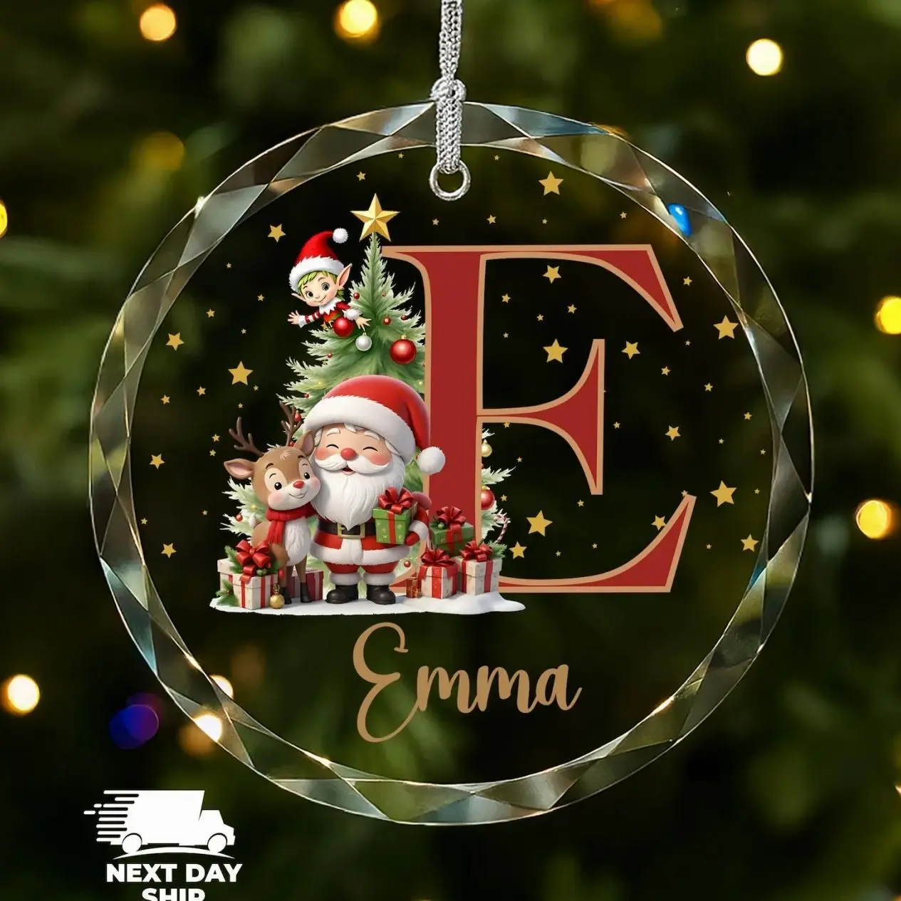 Custom Christmas Initial Glass Ornament, Cute Santa Ornament, Personalized Christmas Tree Decor