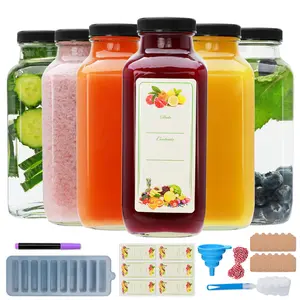 16oz Glass Juice Bottles with Lids,Clear Water Bottles,Glass bottles with lids,Reusable Drinking Jars with Cleaning Brush for Milk,Juicing,Kombucha