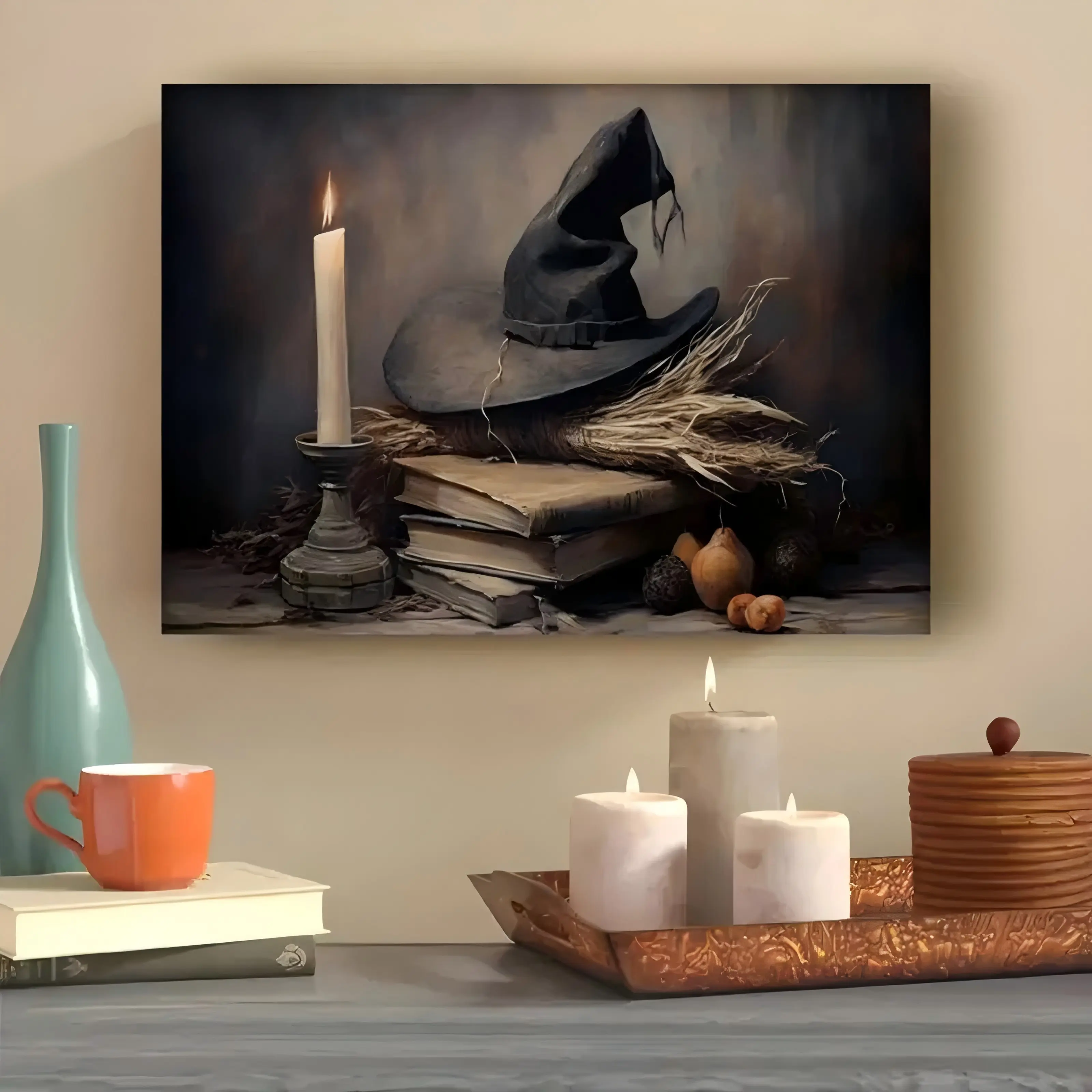 Halloween Vintage Witch Canvas Art Print - Framed Hanging Kit Decoration, Spooky Horror Wall Decor for Living Room, Halloween Season Home Gift, Home Supplies Posters & Prints, Wall Decor Ideas, Bathroom Wall Decor
