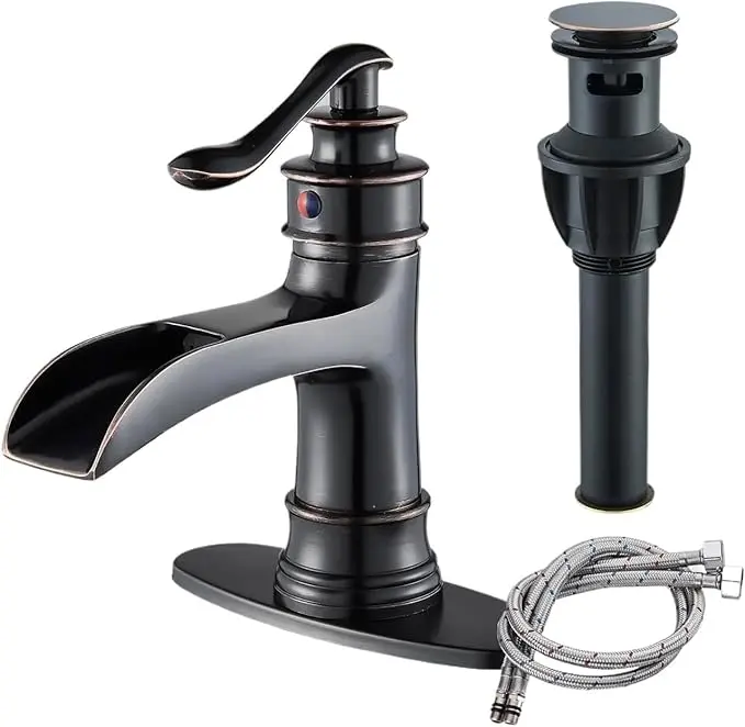 Oil Rubbed Bronze Brass Body Waterfall Bathroom Faucet - Single Handle Lavatory Sink Tap, Lead-Free Anti-Corrosion Rustic Farmhouse Vanity Faucet, Hot & Cold, Deck Plate for 1/3 Hole Sink, Includes Drain, Household Use Easy Installation Kit