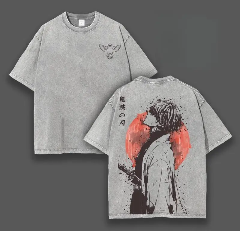Men's Oversized Retro Zenitsu Agatsuma Demon Slayer Anime Double-Printed Washed Cotton Short-Sleeve Tee - Unisex Casual Top, Breathable Lightweight Fabric, Gift for Anime Fans, Menswear