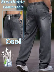Men's Loose Fit Straight Leg Jeans, Casual All-Season Denim Jeans, Drawstring Waistband, Breathable & Stretchy Design, Menswear Pants, Casual Loose Baggy