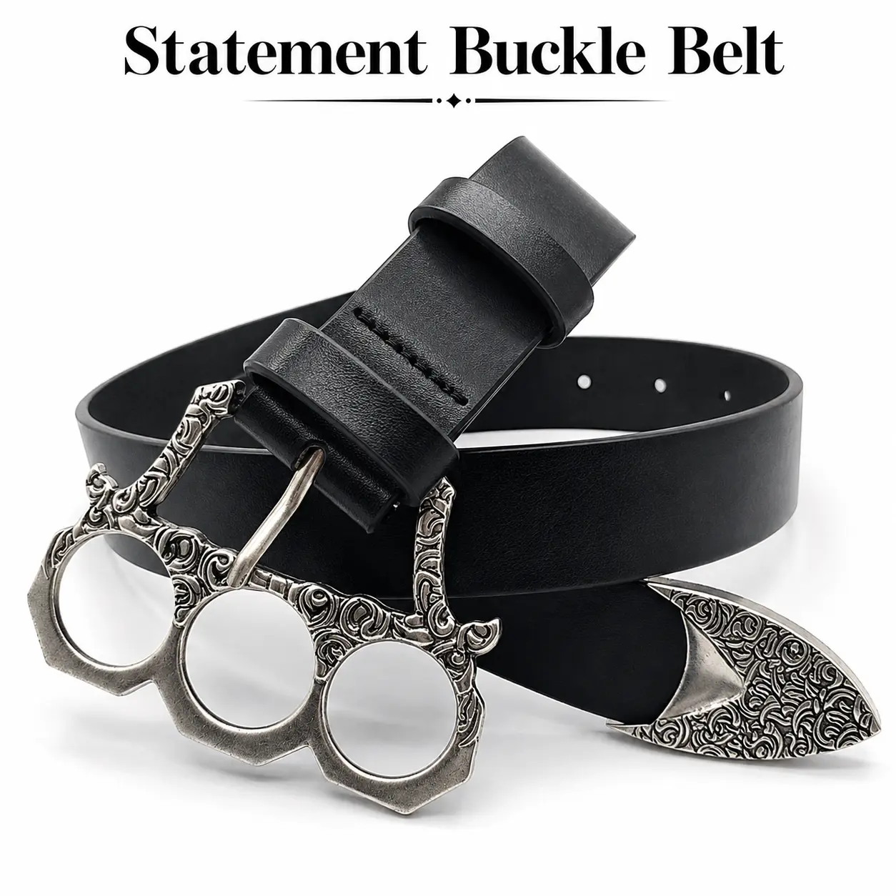 Black Y2K Western Belt with Sculpted Multi-Ring Buckle, Engraved Silver-Tone Metal Tip Statement Waist Belt for Jeans & Streetwear Outfits