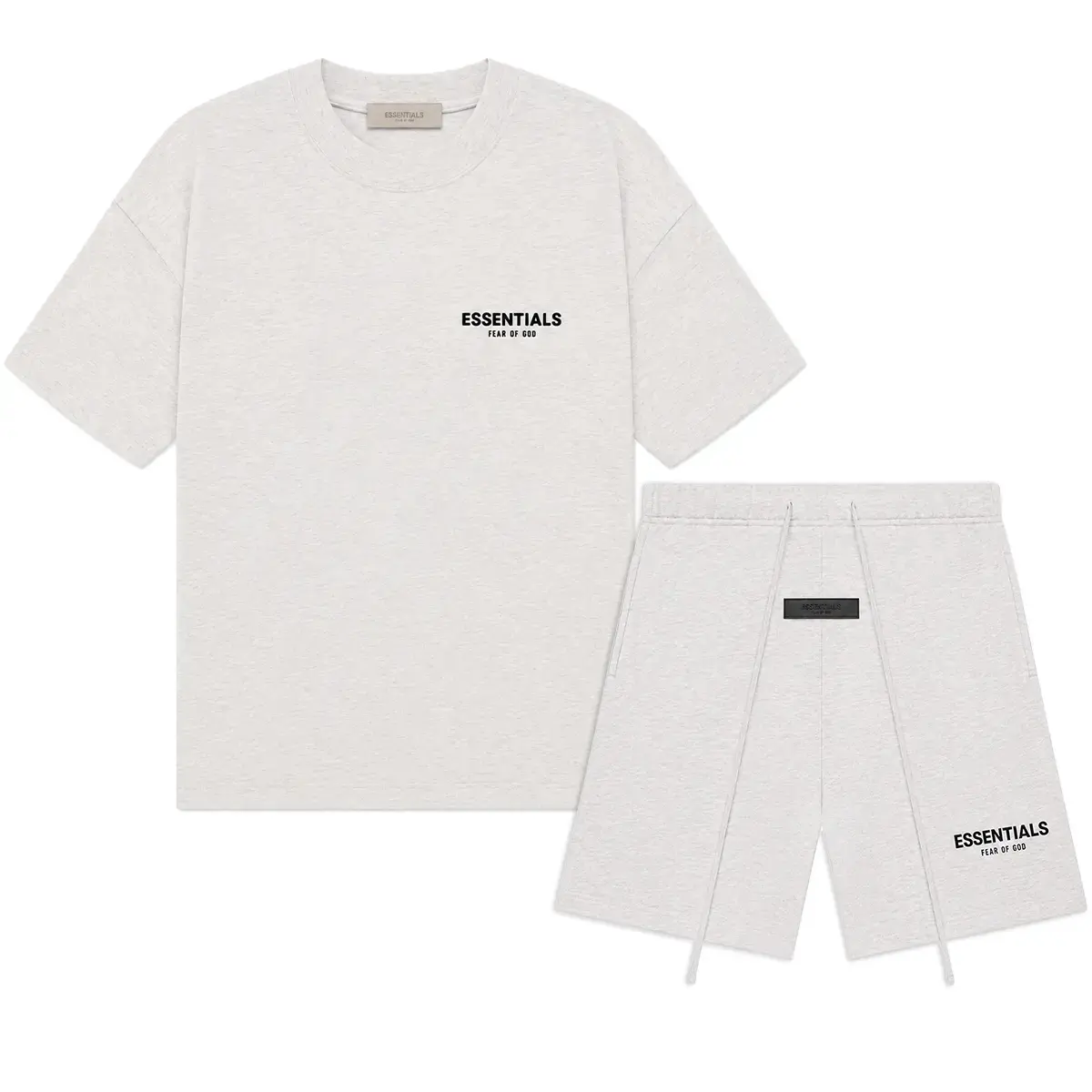 (Tee and Shorts) Fear of God Essentials Light Oatmeal T-shirt & Shorts Set - Oversized Fit Simple Design Versatile Wear for Everyday Comfort