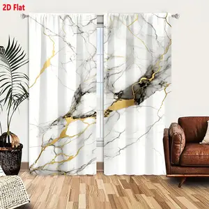 2D Flat 2-Pack Curtains Luxury Marble Pattern with Gray Veining and Gold Streaks, Smooth Polished Elegant Design for Living Room Bedroom Home Decor, Modern Classic Style Window Treatment
