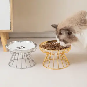 Raised Cat Bowl Set: 1 set of cat paw pattern ceramic pet bowls with iron stand, pet feeding supplies, suitable for both cats and dogs, pet accessories, pet products #GLOBAL PICKS