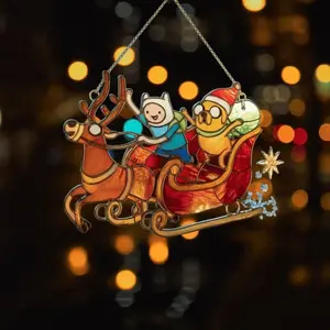 A.dv.en.tu.re Tim.e Christmas Suncatcher, F.in.n And J.ak.e Reindeer Sleigh Ornament, Faux Stained Window Hanging Decor, Cartoon Fan Gift