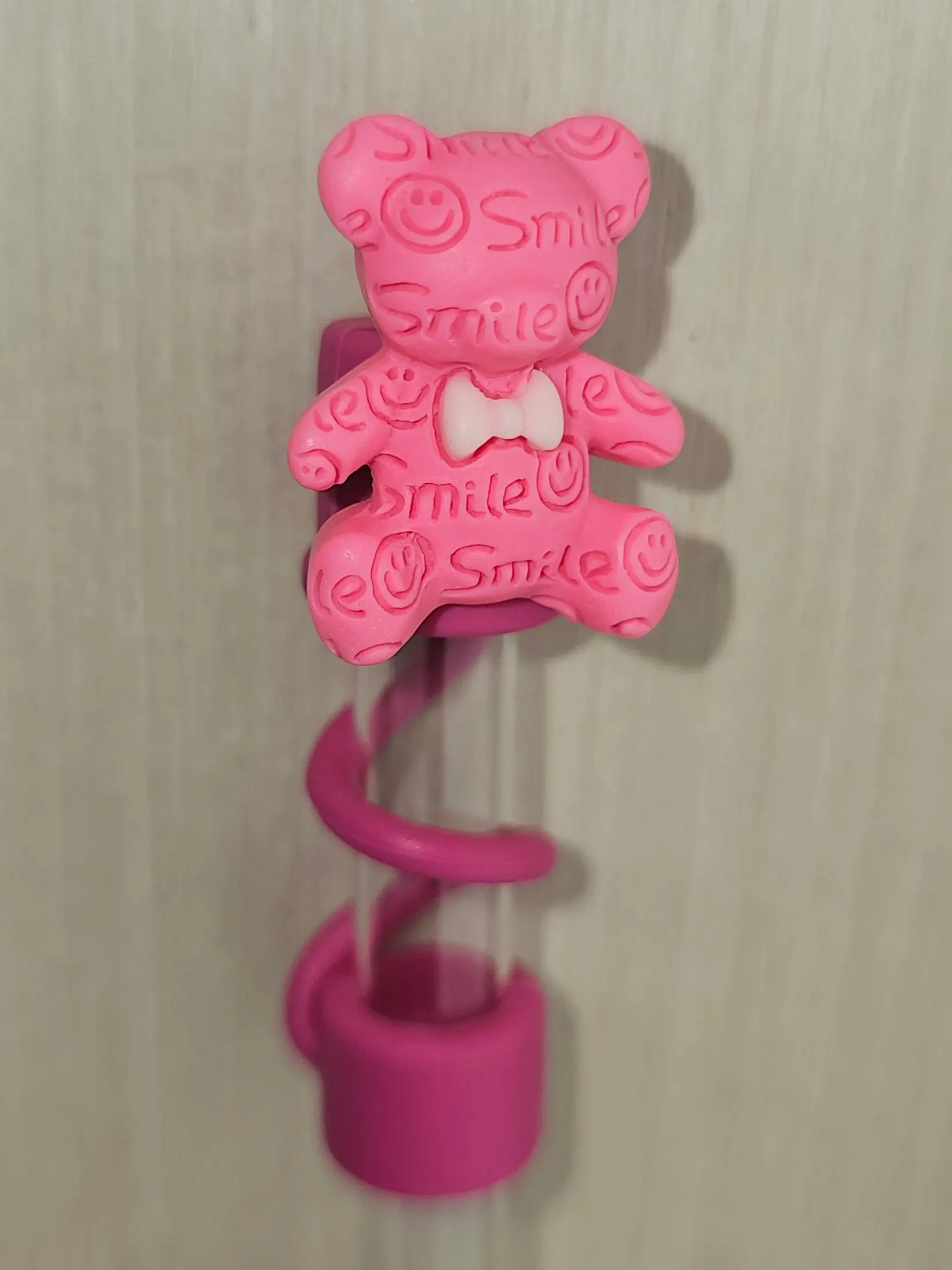 Teddy Bear Silicone Straw Topper  - Fuschia Pink