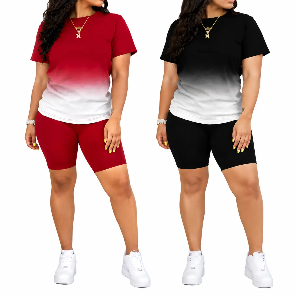 Women's Gradient Ombre 2 Piece Outfits Short Sleeve T-Shirt and Biker Shorts Set Casual Tracksuit Activewear Caps