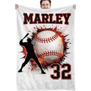 Personalized Baseball Blanket - Custom Name & Number, Baseball Player Silhouette, Crack Through Baseball Design, Soft Cozy Throw for Sports Fans, for Baseball Lovers/4