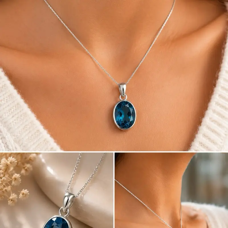 Polished Oval Blue Topaz Pendant Necklace - Unisex Sterling Silver Jewelry, Timeless Sparkle for Adults' Daily Wear