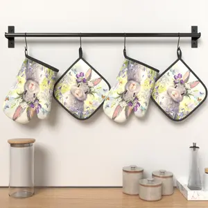 4pcs Oven Mitts And Potholders Rabbit with a flower wreath  Heat Resistant Oven Mitts And Pot Holders Sets Kitchenware Suitable For Grilling, Cooking, Baking, Broiling, Microwave And Kitchen Decoration Gifts