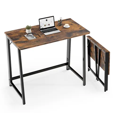 Sweetcrispy Modern Wood Folding Computer Desk - 31.5in Ultra-Thin Ergonomic Oak Finish, Wooden Desktop, Metal Frame, Tool-Free Setup, Adjustable Space-Saving Home Office Workstation for Tight Spaces, Desk for Bedroom