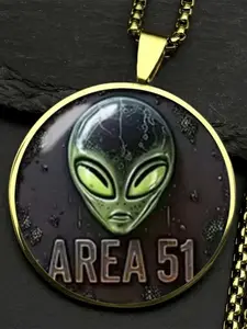 Area 51 Alien Necklace - Zinc Alloy Frame with Clear Glass, Mysterious UFO-Themed Pendant, Jewelry for Sci-Fi and Alien Fans