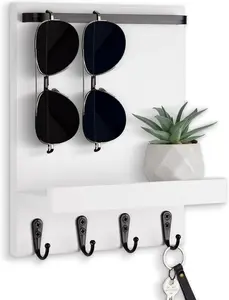 Wall Mount Key Holder with 4 Hooks, Farmhouse Key Hanger for Holding Dog Leash and Sunglasses, Decorative Mail Organizer for Home Decor (White)