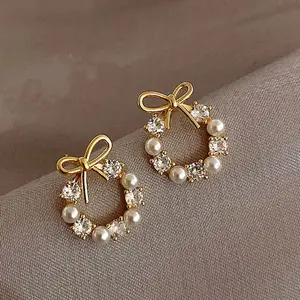 Cute Faux Pearl Bow Floral Wreath Stud Earrings High Quality Fashion Accessory For Teenage Girls And Daily Wear