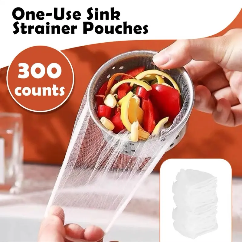 300 Counts Disposable Dishwashing Sink Drain Fine Mesh Strainer Bags High-Quality Polyester Fiber Stretchable Kitchen Food Scraps Remains Rubbish Collection Pouches