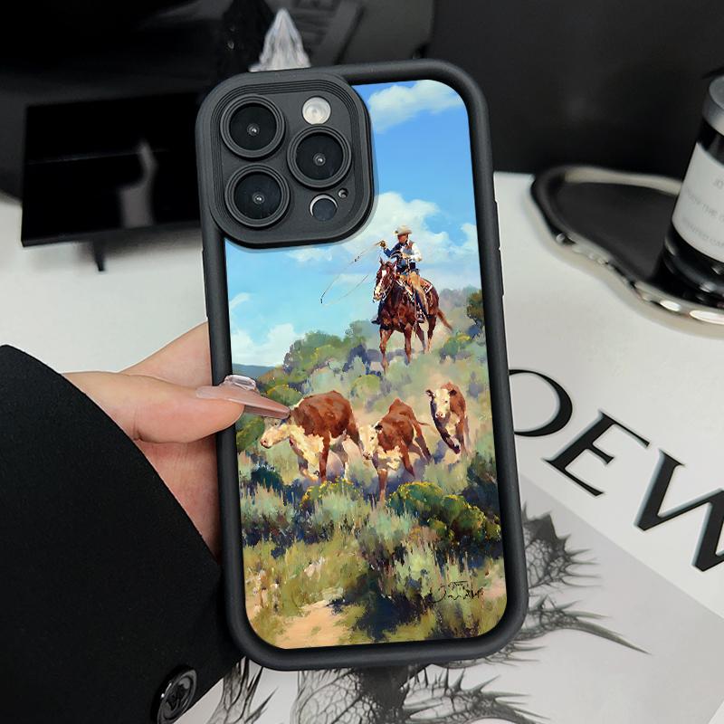 Cowboys driving cattle Pattern Man's Phone Case for iPhone 16 15 14 Pro Max 13 12 11 XR XS Plus Shockproof Non Slip Military-Grade Protection Silicone Cover Cellphone Protective Smartphone Casing