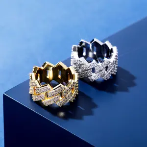 14mm Iced Out Cuban Link Ring for Men Women, White Gold Plated Zigzag Pave Lab Diamond Statement Band, Hip Hop Jewelry Streetwear Accessory