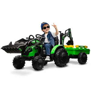 4-In-1 Ride on Tractor, 24v Ride on Toys for Big Kids, Remote Control Excavator with Trailer, Shovel Bucket, Digger, Remote Control, EVA Tires, LED Light, Music, USB, Yellow