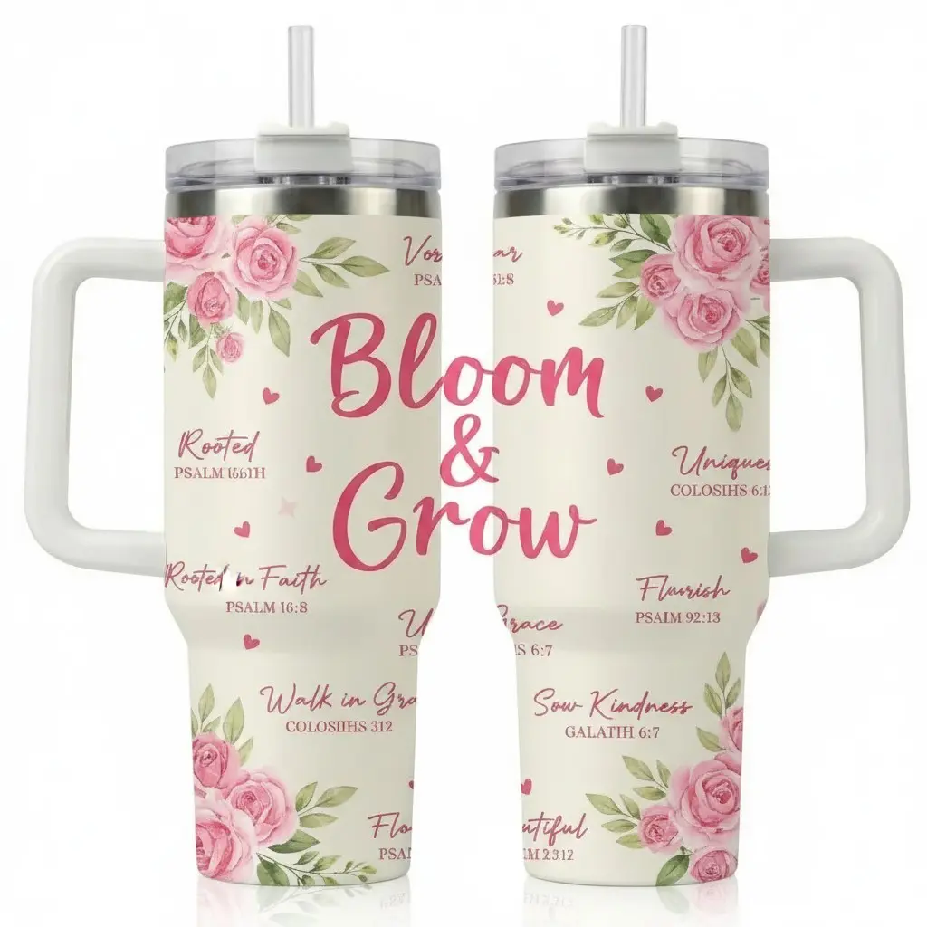40oz Reusable Stainless Steel Thermal Vacuum Flask Tumbler - Portable, Printed with Bloom & Grow and Bible Verses Design, Includes Handle, Straw, Lid & Cover, Religious Christian Mother's Day Gift for Women