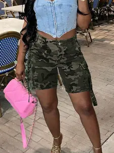 Women's New Trendy Casual Denim Mid-Thigh Fit Pants, Camouflage Pocket Fashion Design Button, Spring Summer, Ladies' Jeans