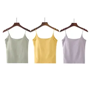 3 Packs Plain Breathable Cami Tank Top with Built-in Bra, Women's U-Shaped Back Sleepwear, Stretchy Summer Yoga Active Top  Womenswear Padded