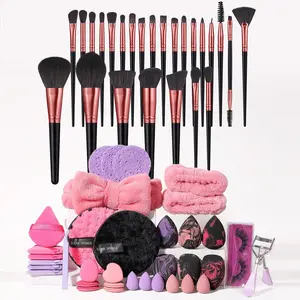 Flawless 60PCS Makeup Tools Kit with Makeup Cosmetic Organizer: 25PCS Brushes, 12PCS Sponges, 6PCS Triangle Powder Puffs, 6PCS Mini Cushion Powder Puffs, 5PCS Facial Cleansing Sponges, Tweezers, Eyelashes, Eyelash Curler, Hairband, 2PCS Hand Bowl Straps