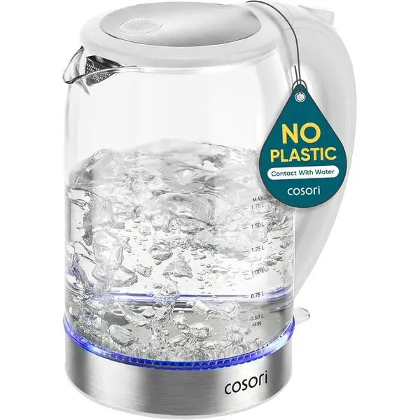 Cosori Modern Glass Body Electric Kettle, 1.7L White Borosilicate Glass, No Plastic Water Contact, 1500W Quick Boils, Wide Opening for Easy Cleaning, Safe Shut Off, Auto Shut-Off, Boil-Dry Protection for Families
