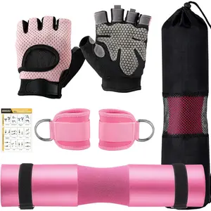 Gym Barbell Pad Set for Squat,Hip Thrusts, Lunges, Leg Day, Standard Olympic Bar Pad with 2 Gym Ankle Safety Straps, 2 Workout Gloves, Barbell Pads, Gym Accessories for Women with Carry Bag