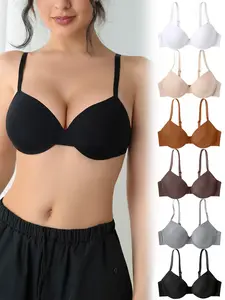 Ecomilky 6-pack multi-color minimalist basic style, black + white + beige + brown + gray + camel push-up bra, casual and comfortable daily simple and versatile adjustable shoulder strap underwear, suitable for all seasons to match women's clothing