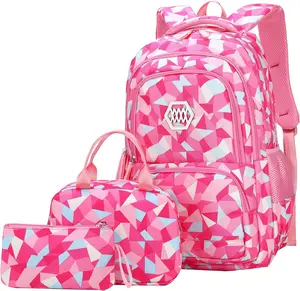 Girl Geometric Printed Primary Junior High University School Bag Bookbag 3 count Backpack Sets(2# Rose-3pcs,35 L)