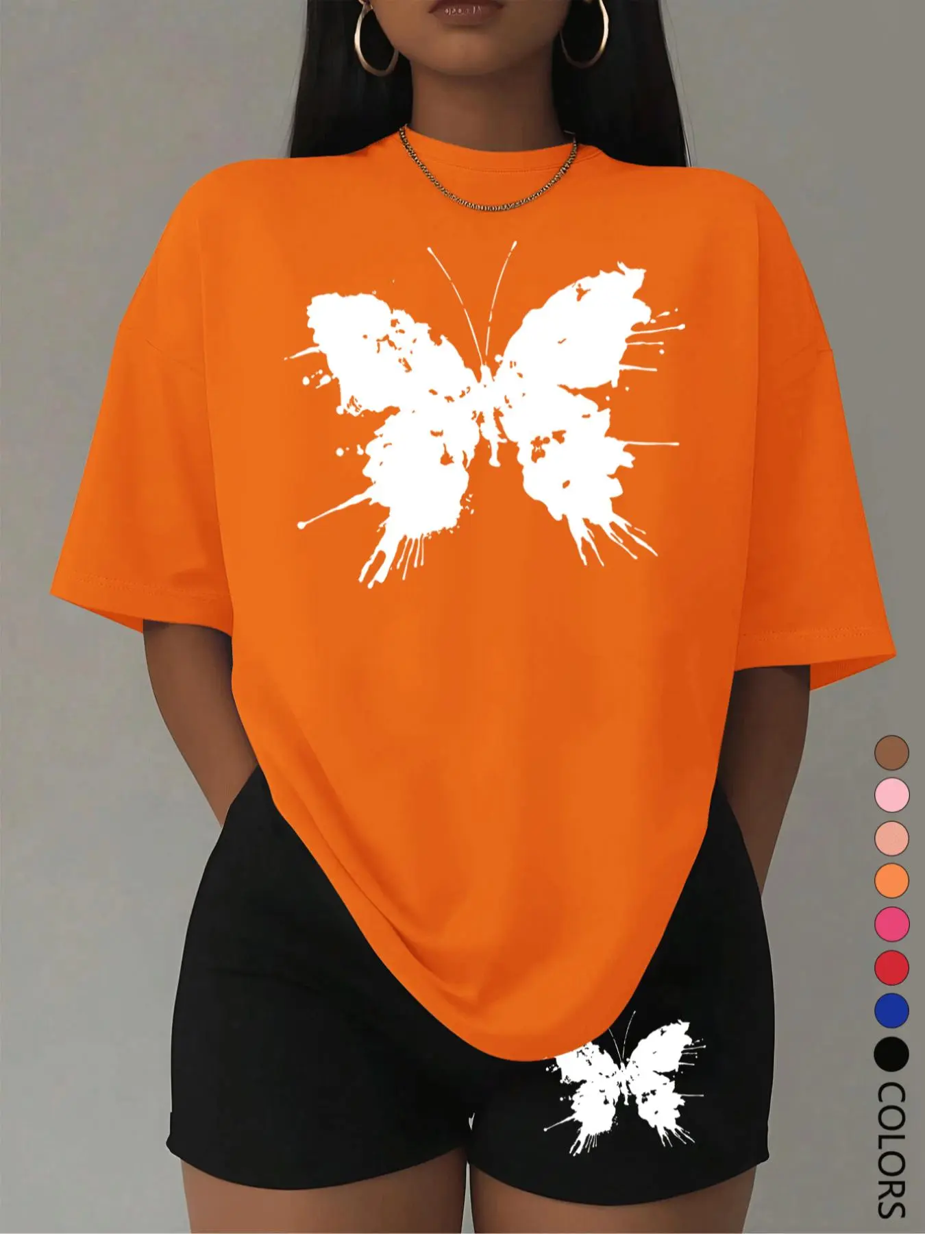 Two-Piece Set Women's Butterfly Print Curved Hem Tee & Skinny Pants, Casual Fashion Cozy Round Neck Short Sleeve T-shirt & Trousers for Daily Outdoor Wear, Ladies Clothes Womenswear for All Seasons, Suits