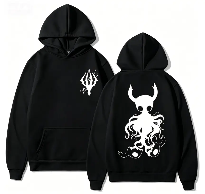 Men's Limited Edition Hollow Knight Print Cotton Fleece Stylish Zip-Up Hoodie - Retro Gothic Aesthetic Vintage Graphic Streetwear, Fall-Winter Halloween Easter Casual Top, Long Sleeve Street Style Pullover Menswear