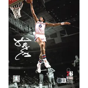 Julius Erving Autographed Philadelphia 76ers White Jersey Spotlight Dunk 8x10 Photo Beckett Witnessed