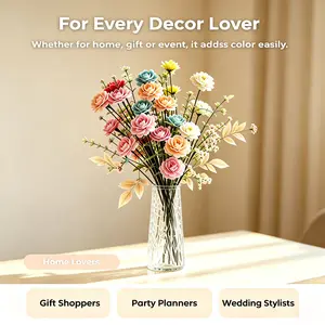 Set of 12 macaron multicolor realistic mixed stems; lifelike rose and chrysanthemums with green leaves; waterproof and fade-resistant artificial flower bouquet for indoor living room and bedroom desktop decoration; ideal housewarming gift and women’s birt