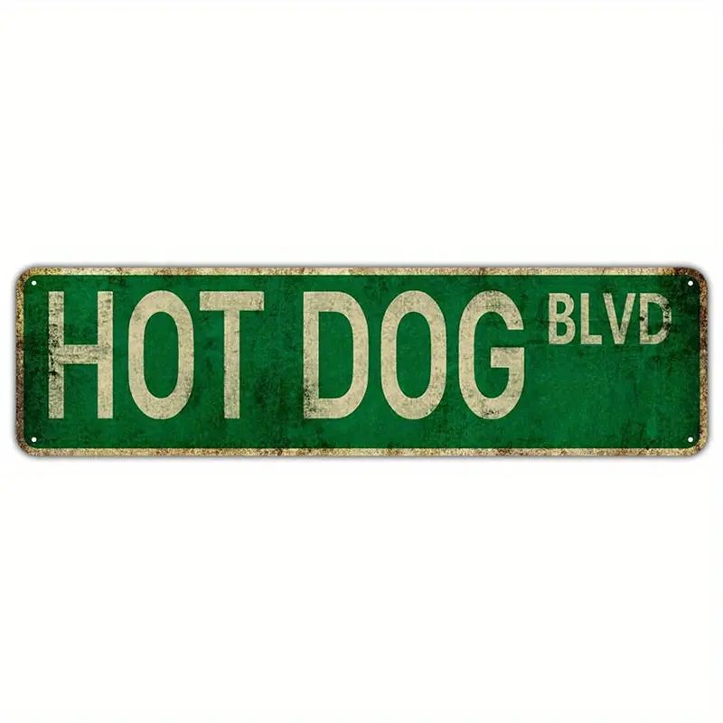 Vintage Hot Dog Blvd Tin Sign – Retro Green Distressed Metal Wall Decor for Home, Bar, Coffee Shop, or Garden – 4x16 Inch Indoor/Outdoor Use, Bar Decoration |   Vintage Decor |   Decorative Tin Sign, Metal Wall Art Decor
