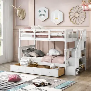 ARCH Twin Over Twin Stairway Bunk Bed with 3 Drawers for Kids Bedroom Dormitory, Solid Wood White Finish, Space Saving Storage, Full Length Guardrail, No Box Spring Needed, 75x39 Inches Each Bed, Espresso/Gray/White Color Options, Solid Wood Material