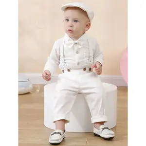 4-piece Baby Boy Long-sleeved Solid Color Gentleman's Dress Suit Baby Boy Back Pants, Bow Tie, Triangle Bodysuit, Beret 0-24 Boy Toddler Birthday Christening Holiday Light Cotton Clothing