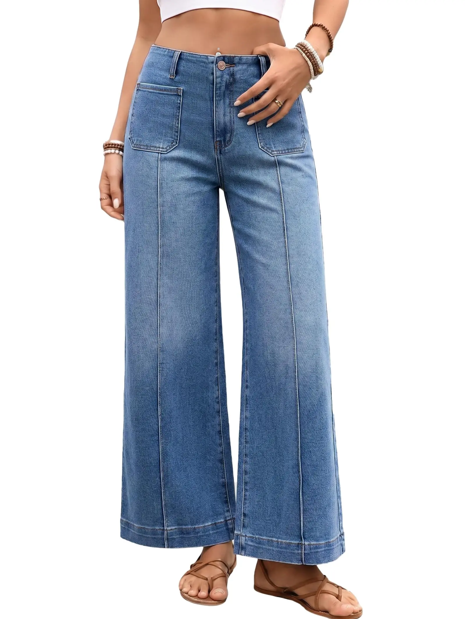 EMMIOL Cropped Wide Leg Jeans for Women High Waisted Front Seamed Stretchy Baggy Denim Pants Patchwork Pockets Trousers