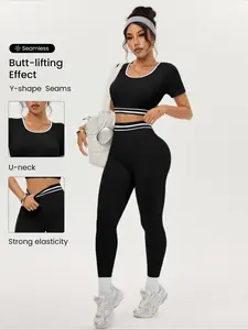Viral Black & White Trim Seamless Activewear Set | Butt - Lifting, U - Neck Crop Top & Leggings for Gym & Daily Wear Stretchable Activewear