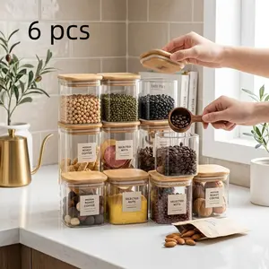 Set of 6 Glass Airtight Storage Jars with Bamboo Lids, Clear Food Containers for Kitchen Pantry Organization