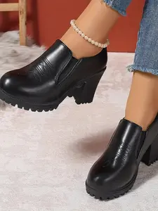 Women's Thick Sole Chunky Heel High Heeled Single Shoe, New Glossy Embossed Commuter Shoe, Fashion Round Toe All Season Anti-Slip Heels, Chunky Heel Pumps