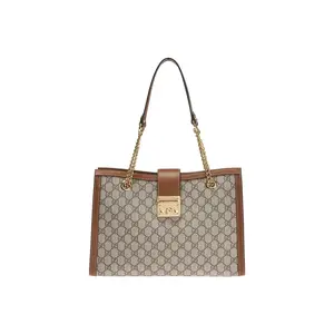 Pre-owned GUCCI leather Crossbody Bags Padlock Large GG Supreme Shoulder Bag in Beige/Brown with Brown Trim