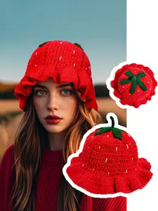 1 piece Cute Sweet Strawberry Crochet Knit Hat, Leaf Edge Woolen Cap, Fashion Warm Fisherman Hat, Autumn Winter Casual Accessory